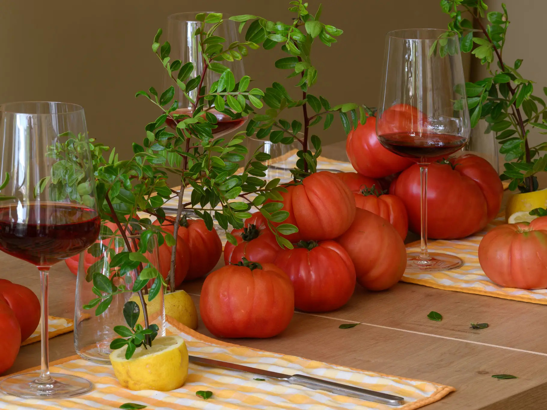 PSC-Vilalara-70 · Permanent State of Creation Table with tomatoes and wine at Trattoria Pantaleone