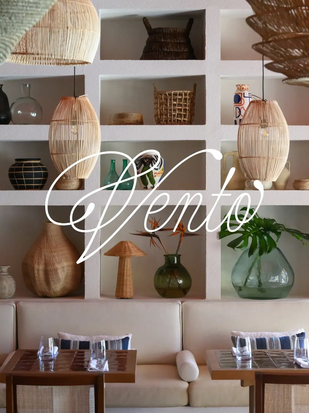 Shelves with Vento logo at Vento Restaurant