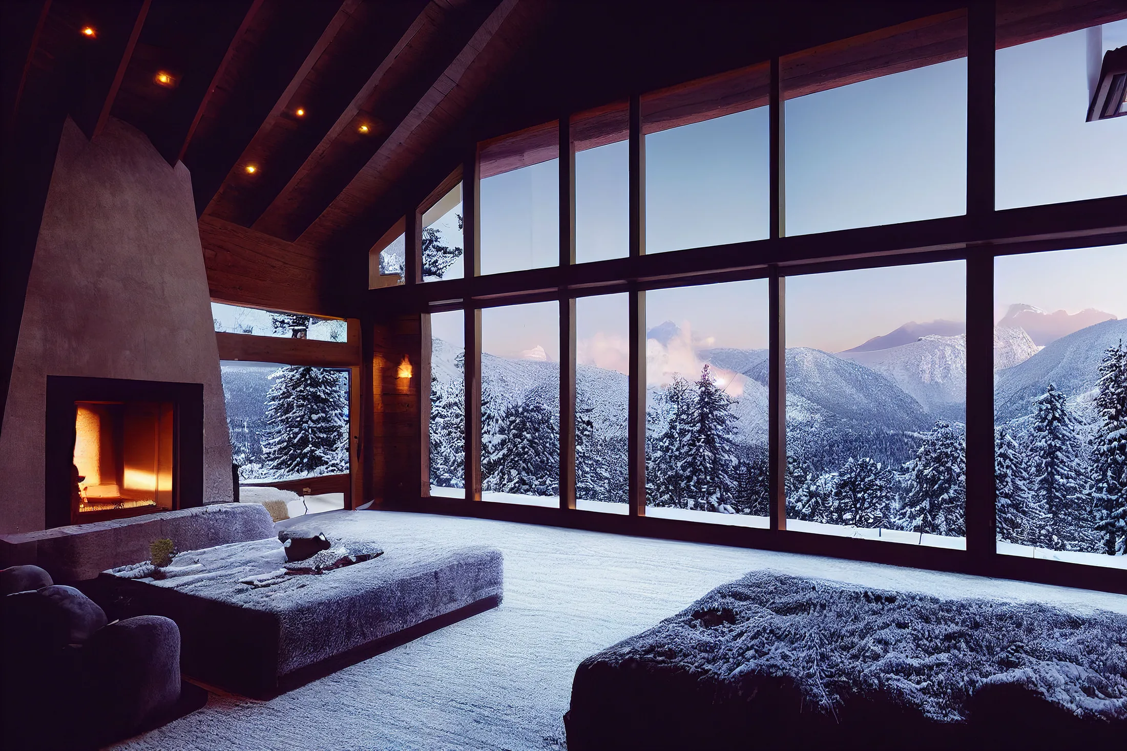 PSC-News-Next-Traveller-10 · Permanent State of Creation Chalet living room with a fireplace and a wall of windows onto winter mountains at sunset