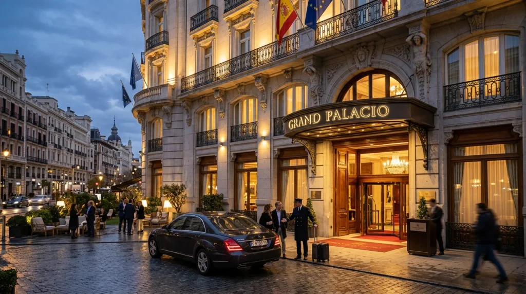 Grand hotel entrance at dusk, with a car arriving and staff at the door