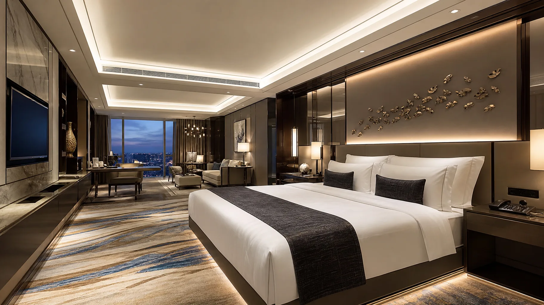 PSC-News-Perfection-01 · Permanent State of Creation Hotel suite with a king-size bed, soft cove lighting and city views