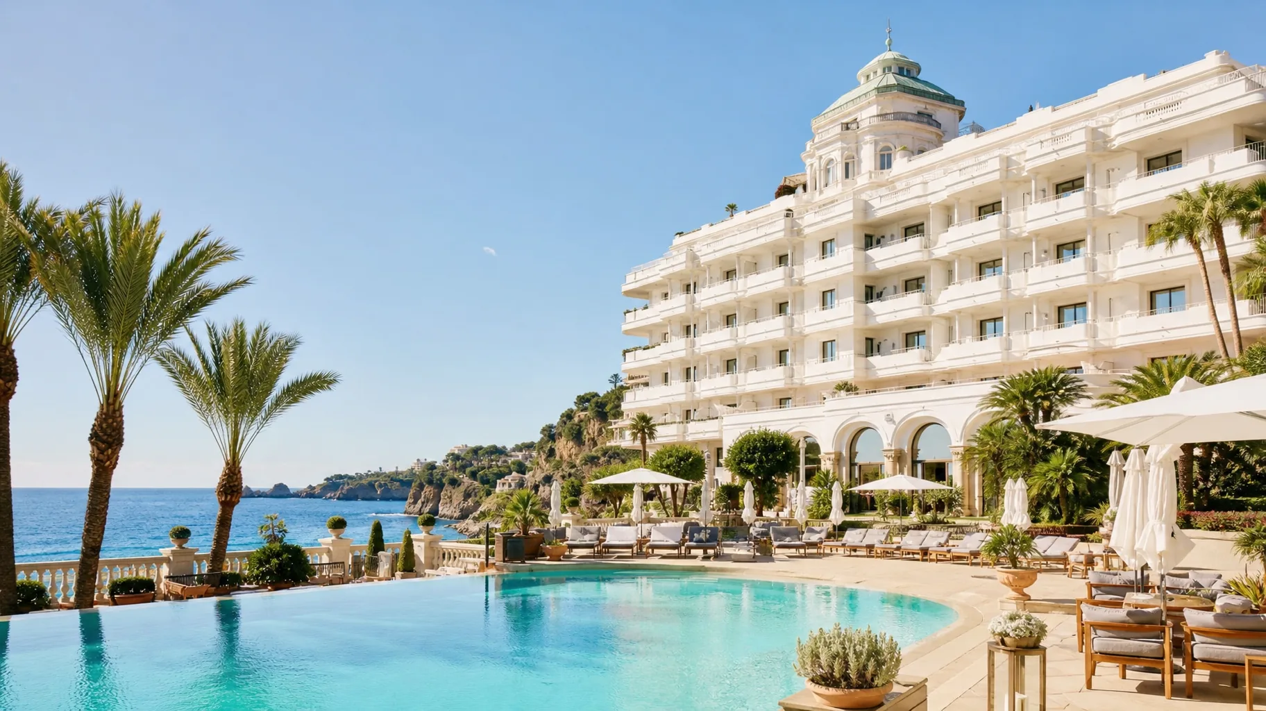 PSC-News-Perfection-03 · Permanent State of Creation Clifftop hotel with an infinity pool, palm trees and sun loungers above the sea