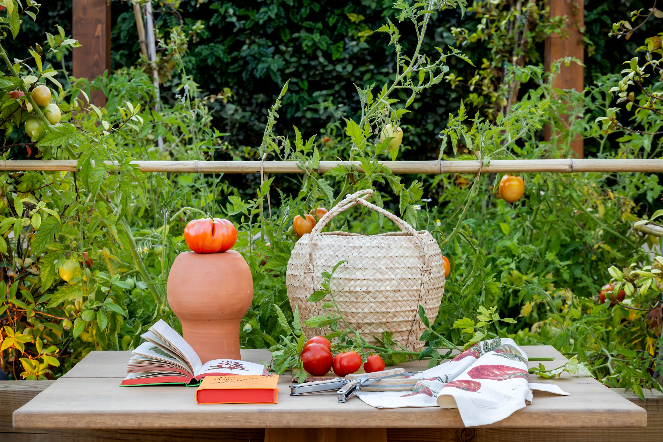 Garden table with tomato vase and basket at Raízes, Horta da Terra