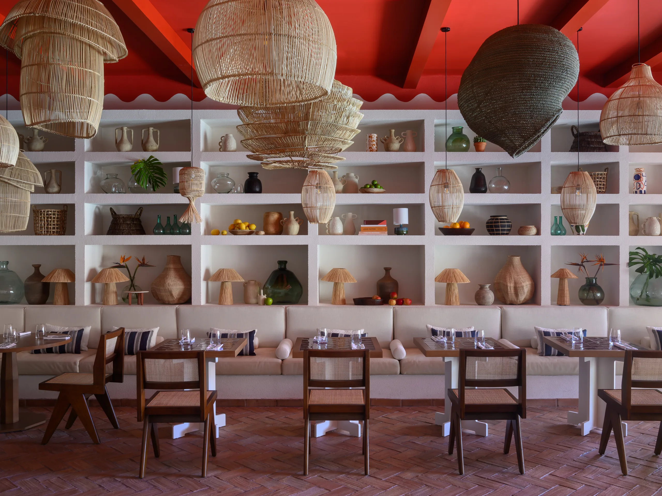 Dining room with red ceiling at Vento Restaurant
